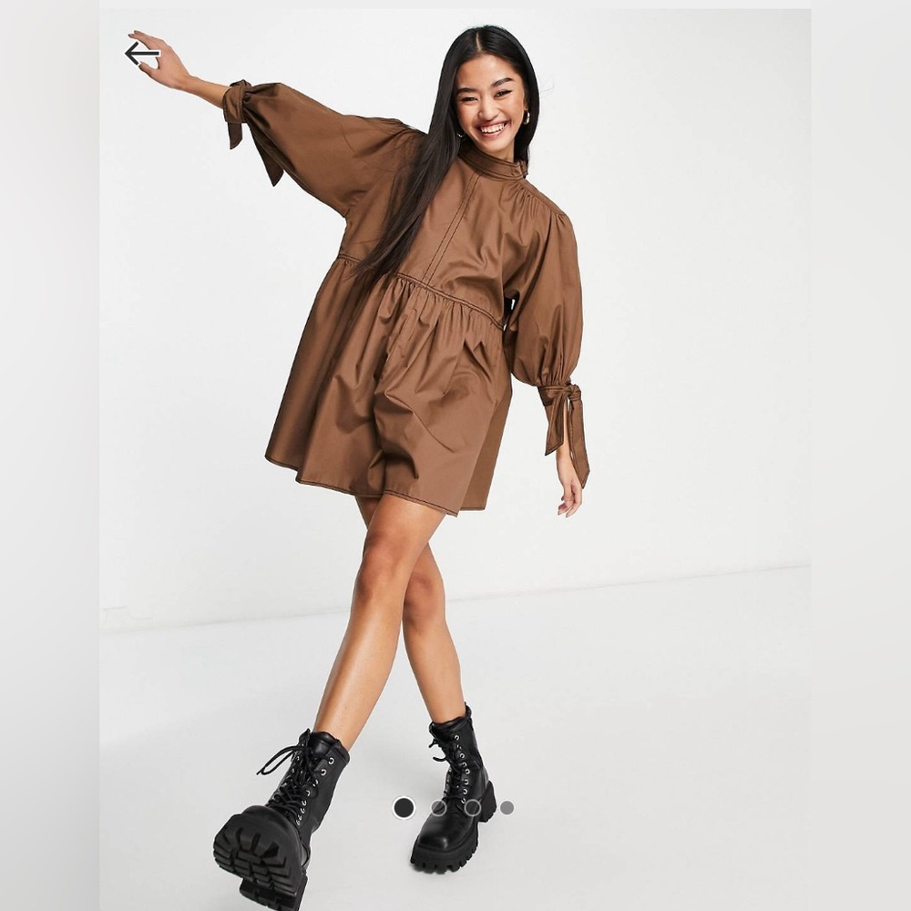 ASOS design contrast stitch tie sleeve smock romper in brown
